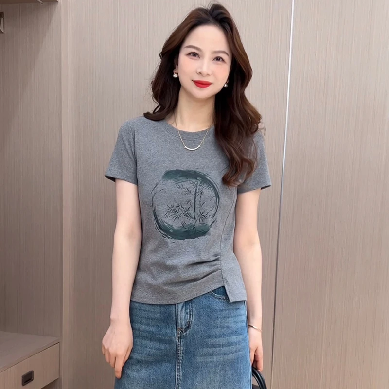 时尚休闲短款印花T恤女2025年夏季新款高级感百搭显瘦小个子上衣