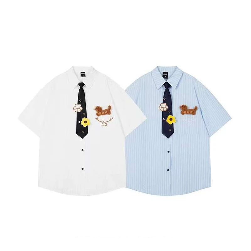 腊肠小狗领带蓝色条纹衬衫女夏季情侣款宽松百搭学院风短袖POLO衫