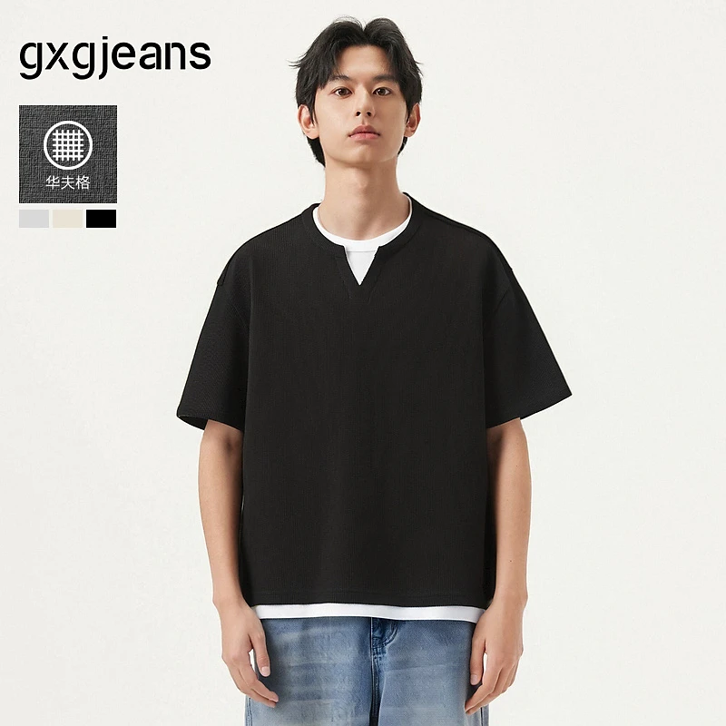 gxg.jeans男装 多色假两件简约休闲宽松短袖T恤男生 25年夏新品