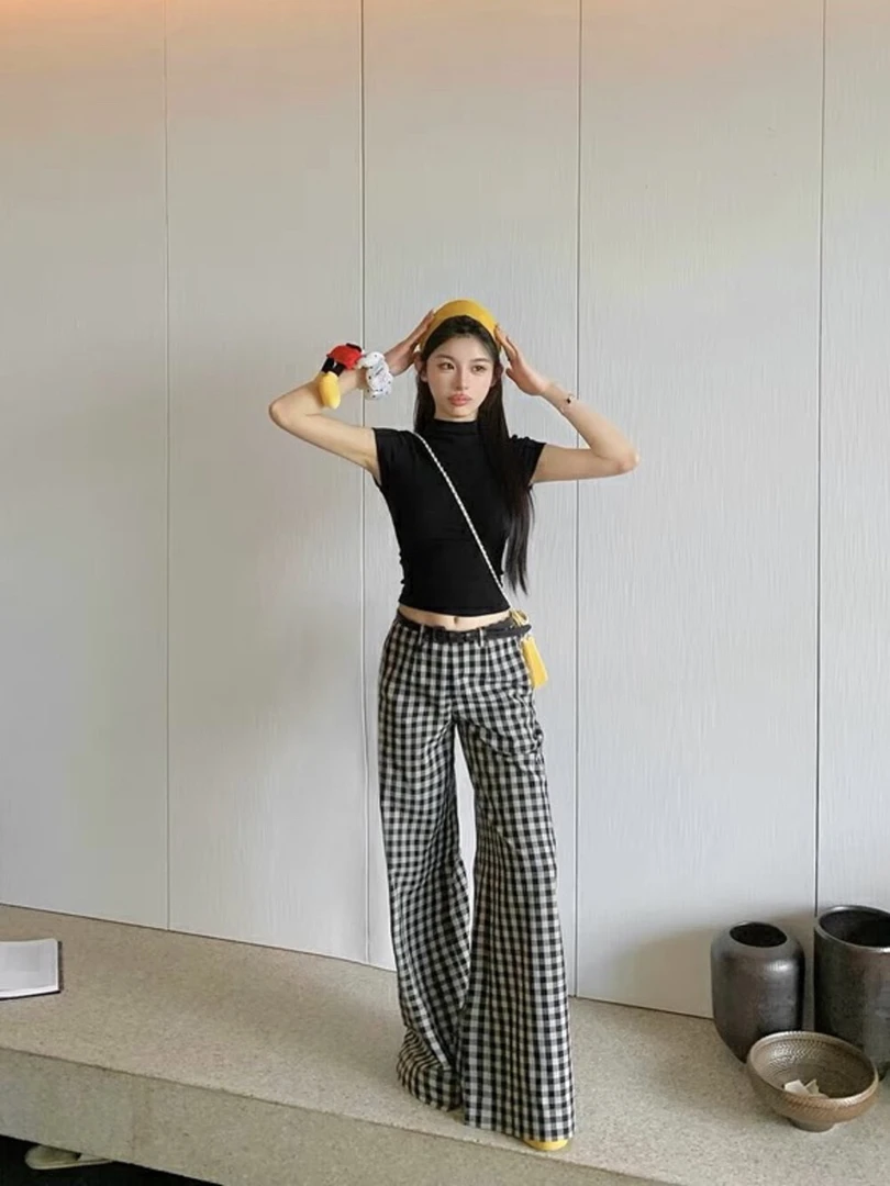 亚麻松弛感黑白阔腿格纹休闲裤+修身半高领短袖（➕腰带）