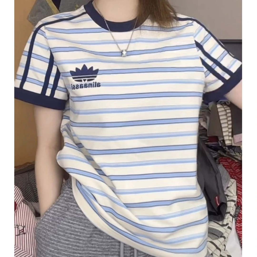 2025春夏季新款圆领撞色条纹印花短袖T恤女时尚休闲百搭上衣女潮