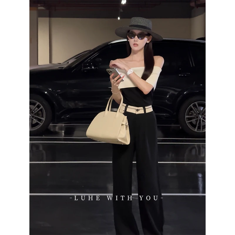 LUHE【恋综女友】hehe私服~人棉撞色一字领针织衫+天丝猫眼麻西裤