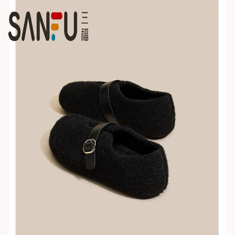 三福厚底4cm勃肯鞋女2025冬季新款一脚蹬加绒保暖毛毛鞋防滑棉鞋