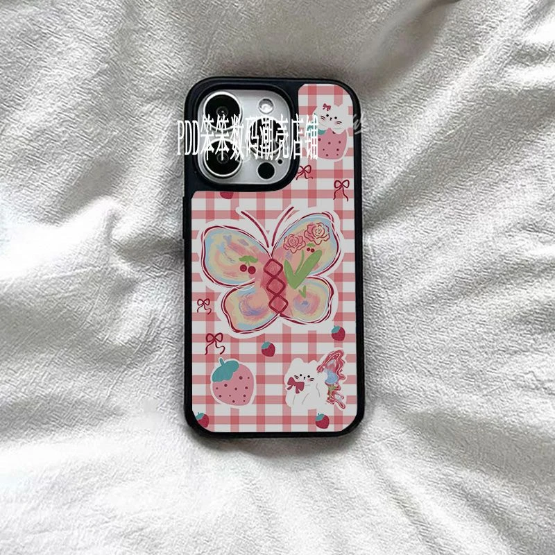 ins格子彩蝶iPhone16手机壳日韩适用苹果15pro防摔11网红12个性13