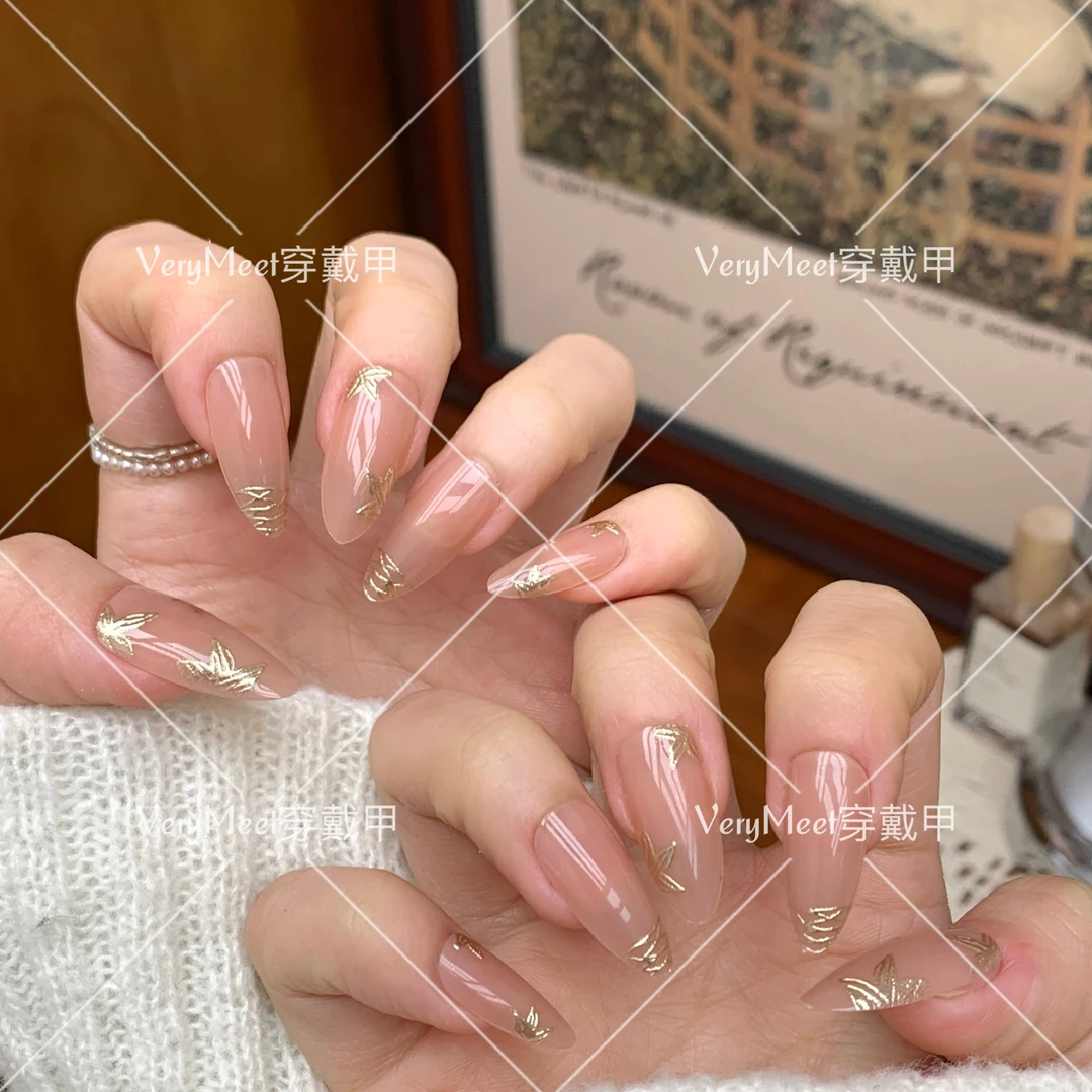 VeryMeet穿戴甲裸色鎏金轻奢高级感百搭显白杏仁甲美甲贴P70