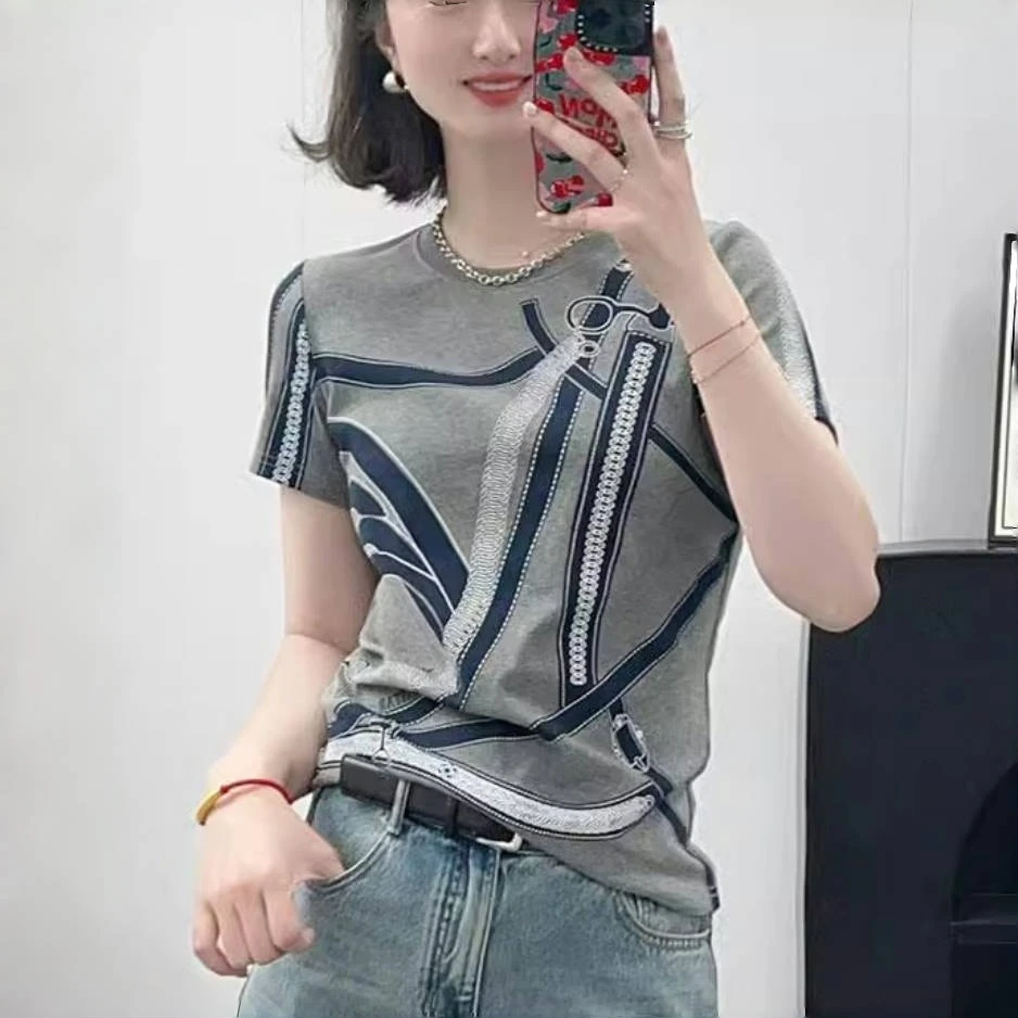 2025夏季新款线条印花短袖T恤女时尚优质棉洋气减龄气质显瘦上衣