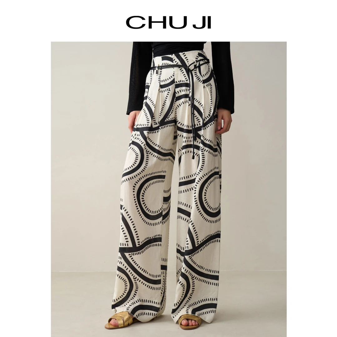 Chuji/出迹设计感小众高腰拉链阔腿裤女2025夏印花休闲裤E1Z2284K