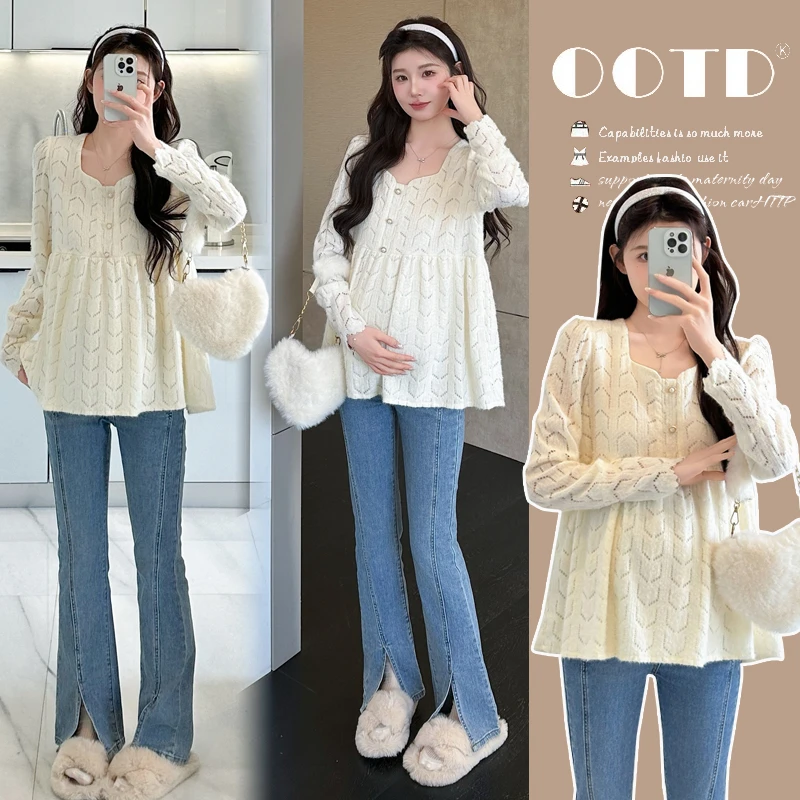 实拍孕妇上衣秋冬法式气质方领镂空甜美长袖蕾丝衫孕妇装