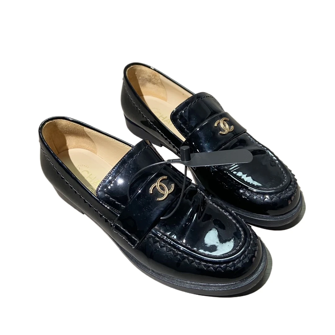 95新 Chanel/香奈儿 38码  黑色金标乐福鞋  re9358