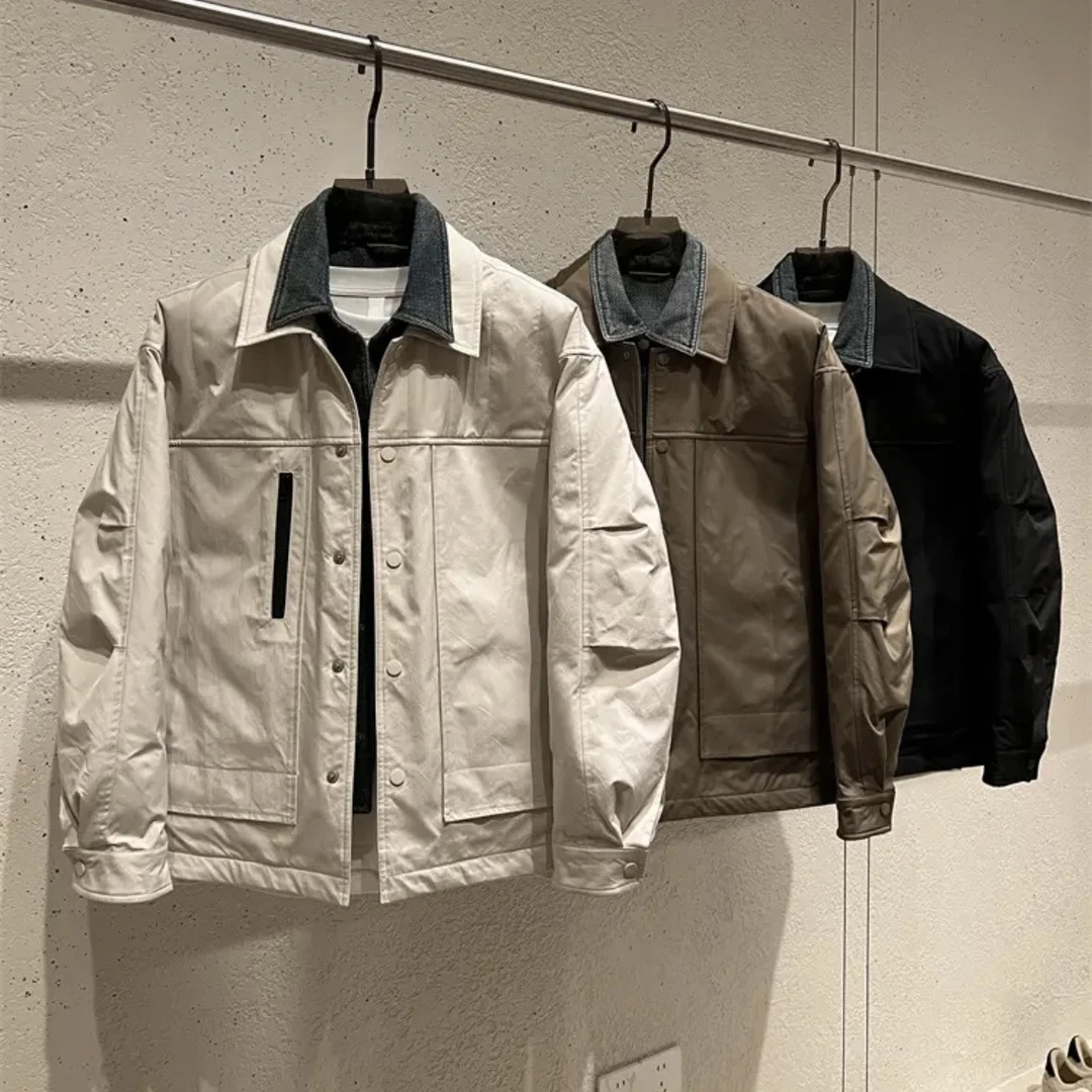 2025秋冬季新款假两件外套男潮牌轻薄保暖牛仔翻领拼接百搭夹克男