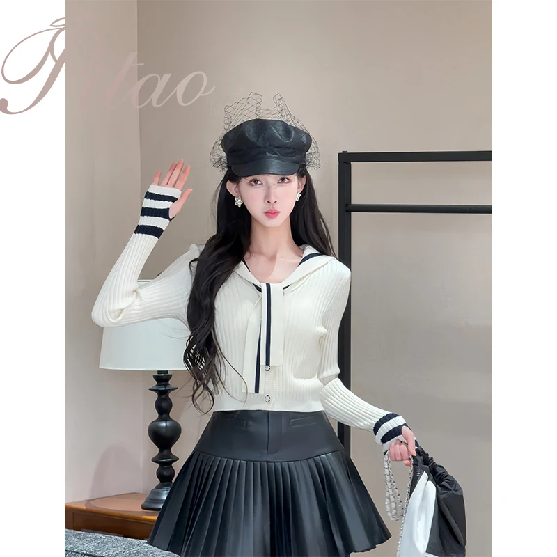 杜屁屁桃PITAO 原创【伯明翰】气质学院风条纹拼色百搭海军领针织衫