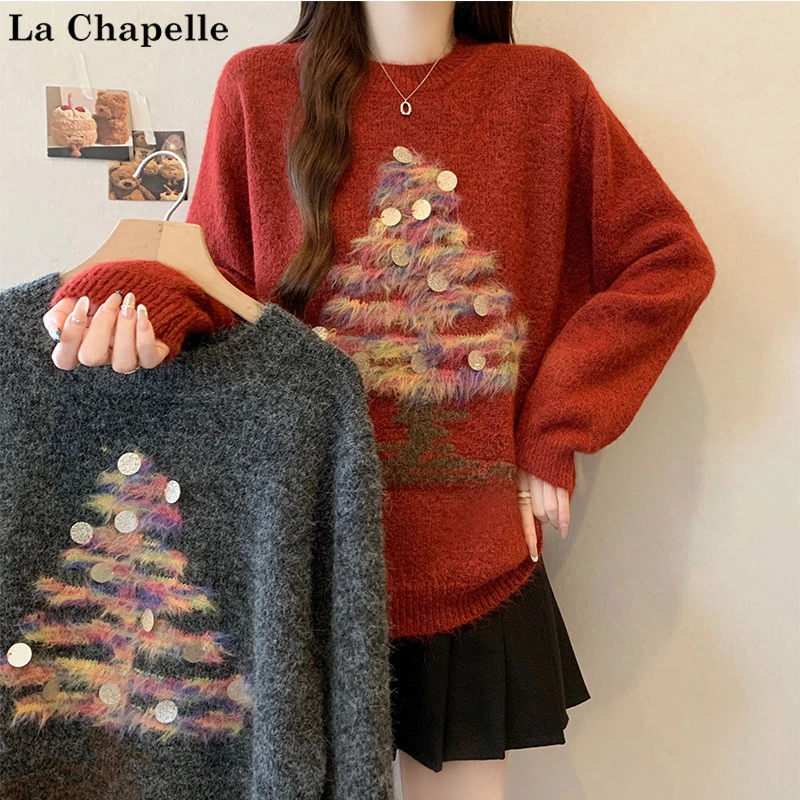 拉夏贝尔圣诞氛围感打底衫秋冬大码女装宽松显瘦亮片提花毛衣上衣