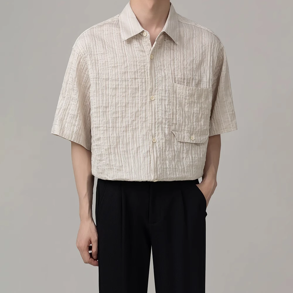 RSRDDY夏季高级感条纹衬衣男轻熟风宽松通勤复古优雅短袖衬衫男