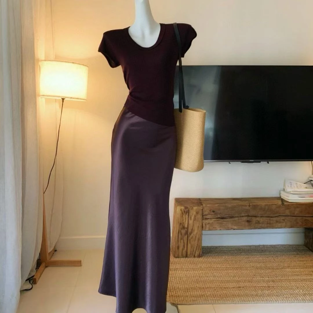 富贵紫上衣 夏季松紧腰开衩醋酸半裙鱼尾裙半身裙长裙套装