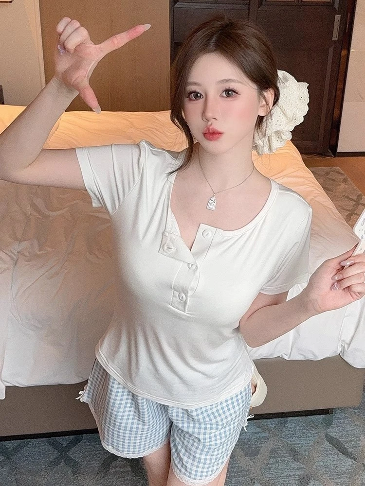 女大睡衣女爆款2025新款短袖三件套带胸垫甜美纯欲家居服夏季