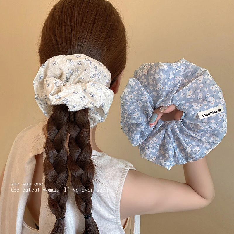 韩系蓝白碎花大肠发圈女2025新款扎头发绳大号马尾头绳橡皮筋发饰