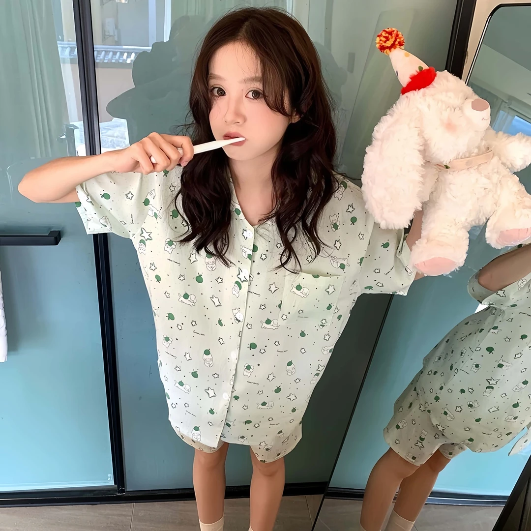 韩系可爱青苹果小狗睡衣夏季女款2025新款休闲短袖短裤家居服套装