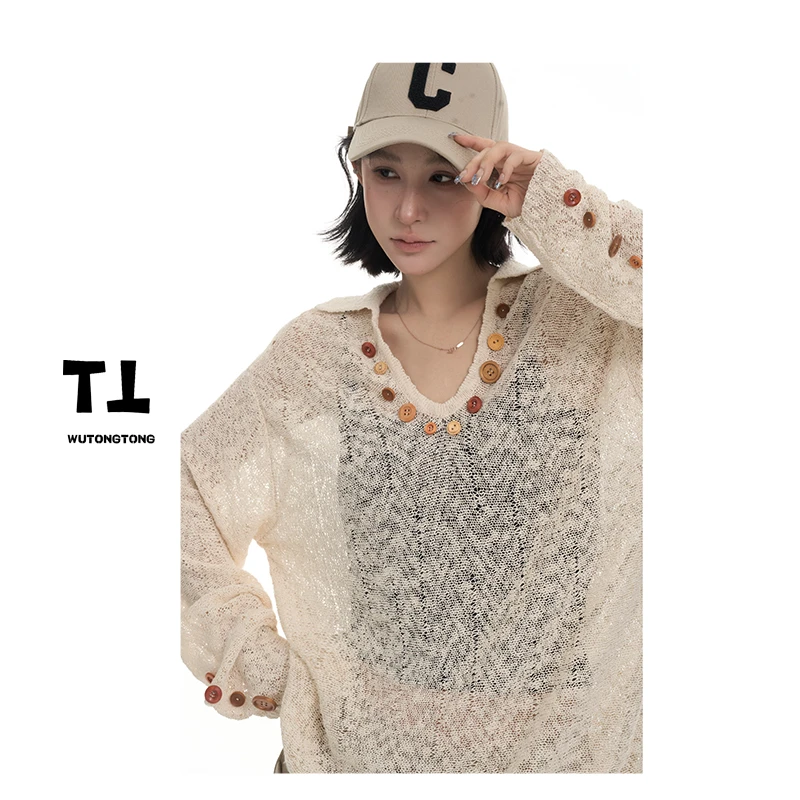 现货【巴洛克】早秋彩色扣长袖针织罩衫女宽松空调防晒上衣62551