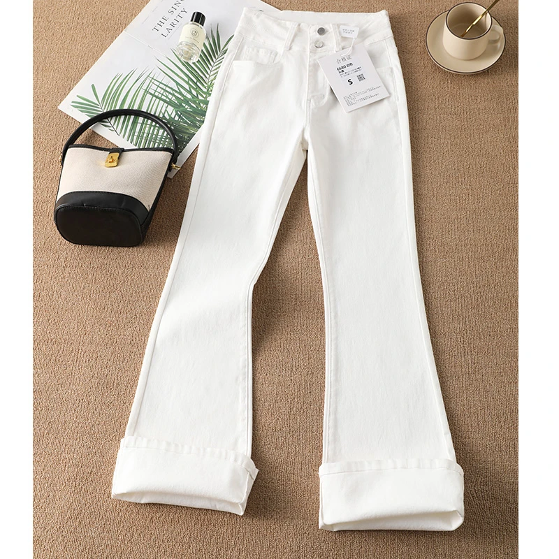2025春夏季薄款白色微喇牛仔裤女九分高腰显瘦梨形双扣加长喇叭裤