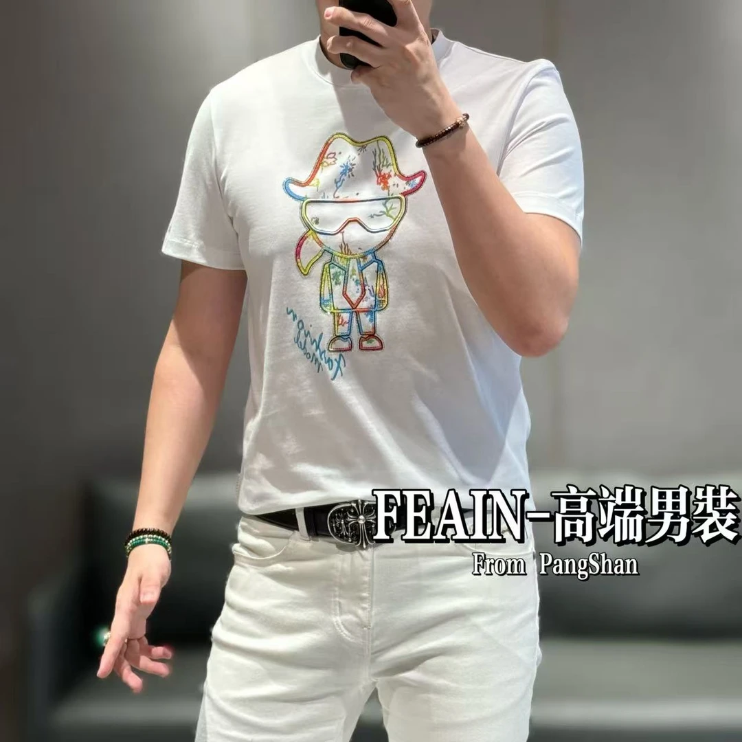 【老佛爷品牌】男士七彩纱线百灵达刺绣工艺丝光棉短袖T恤8170