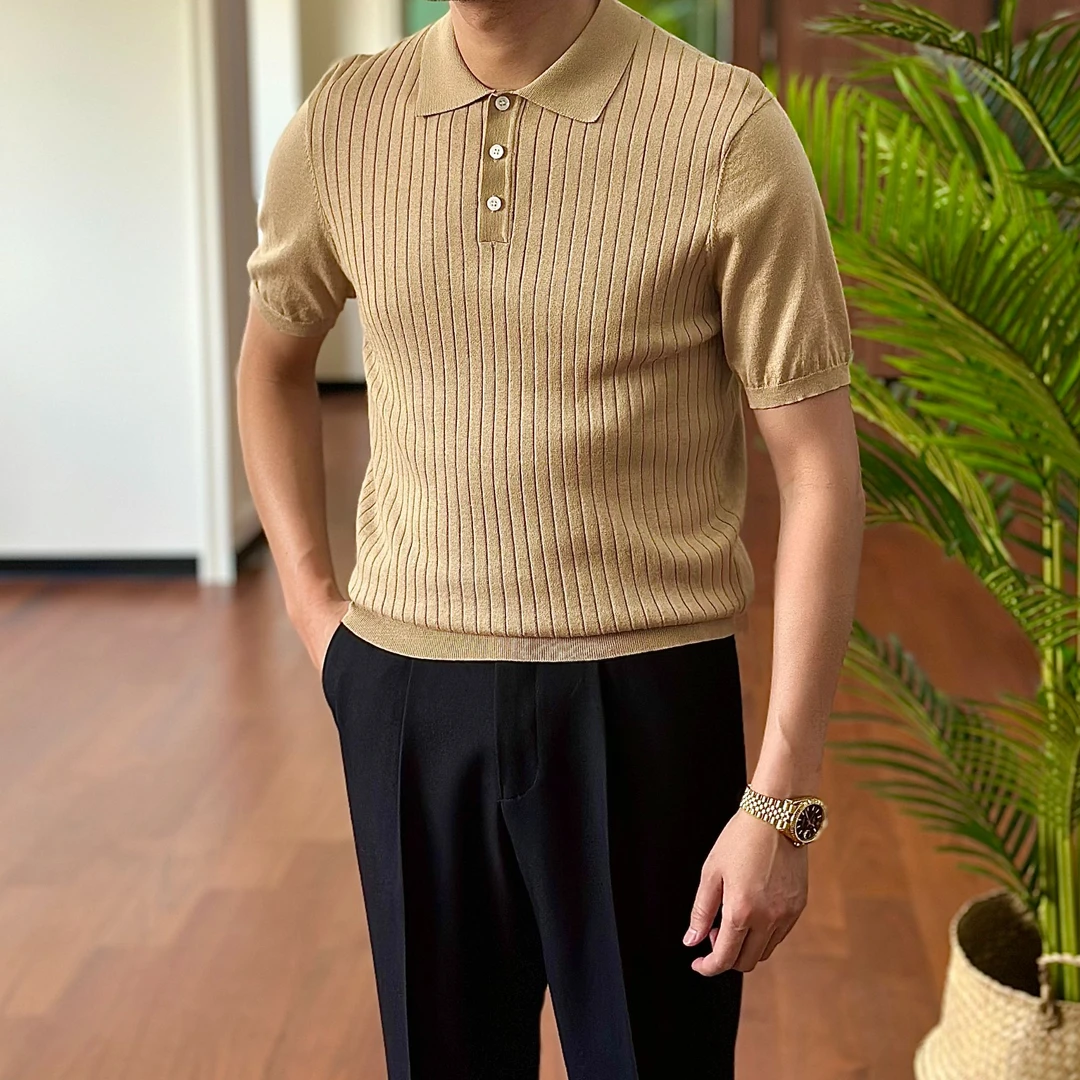 常规夏季短袖商务休闲针织Polo衫翻领商务条纹男士