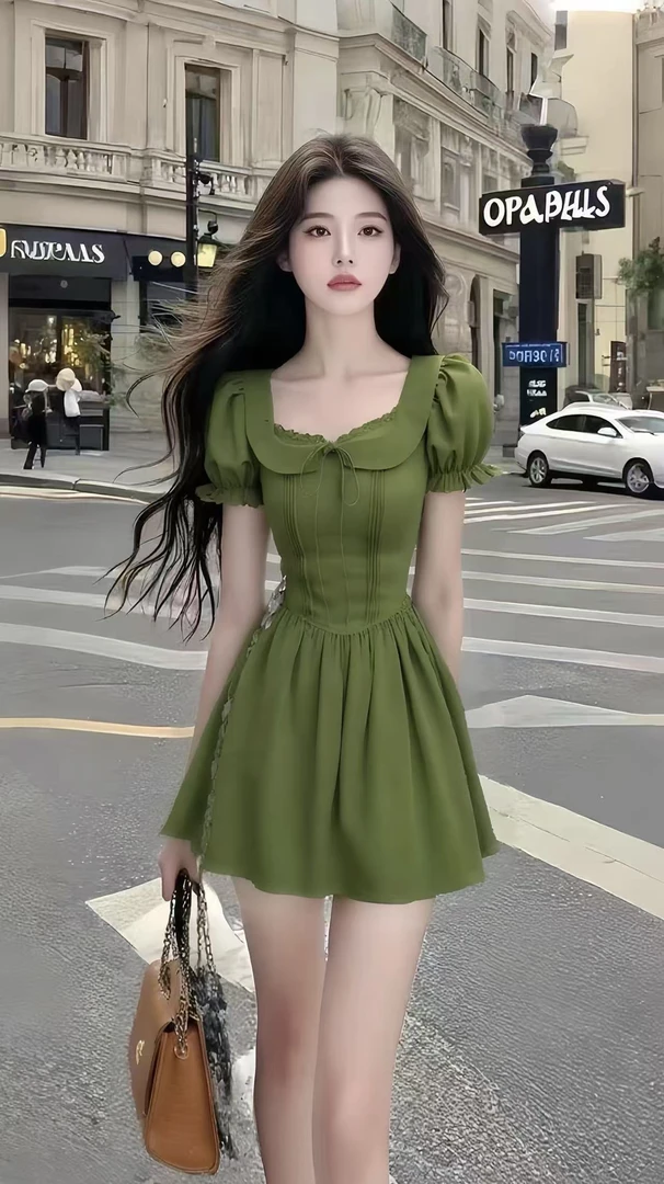 轻奢时尚高端大气绿色方领短袖收腰氛围感连衣裙女法式气质女装