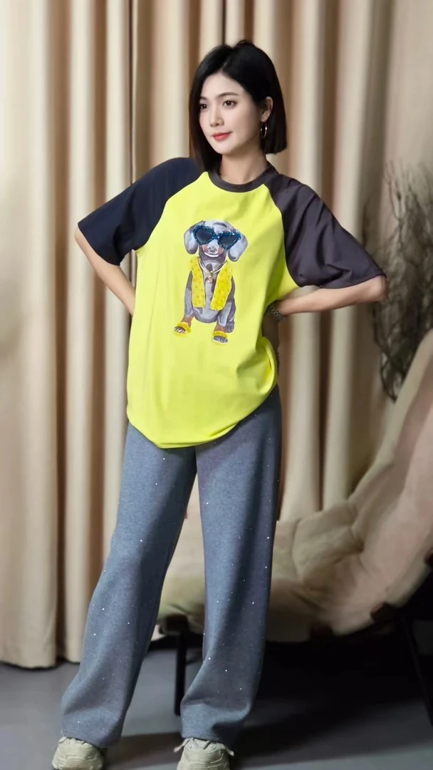 撞色拼接印花短袖T恤女夏季新款宽松百搭上衣 3691