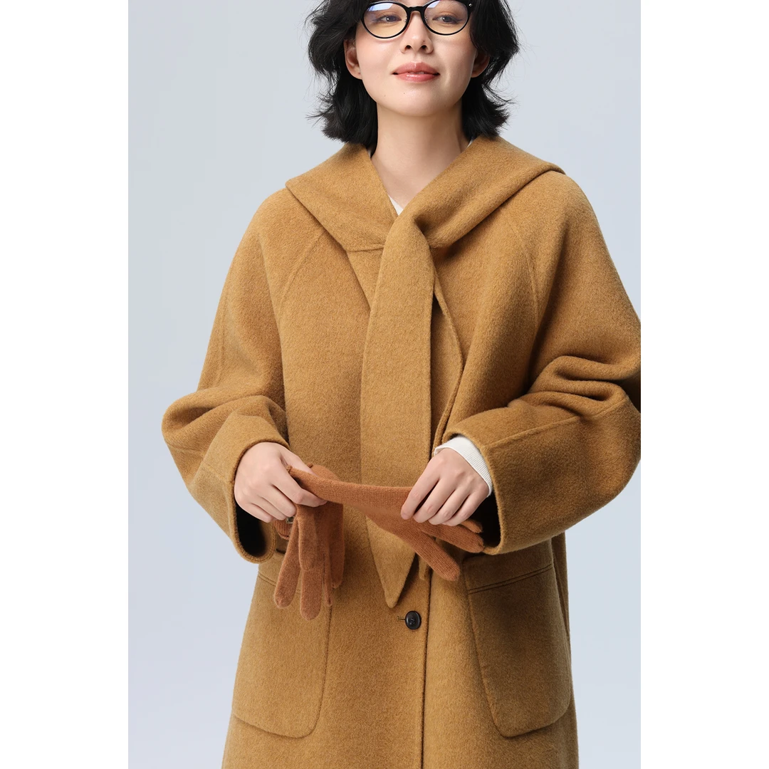 WeTHEE | 杏识 超细羊毛廓版兔耳朵连帽大衣长款宽松不收腰双面呢