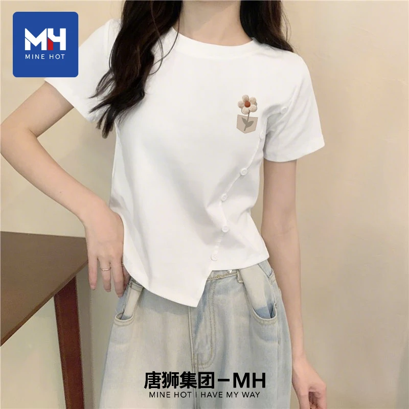 唐狮集团MH白色纯棉短袖t恤女2025设计感小众宽松夏季短上衣体恤
