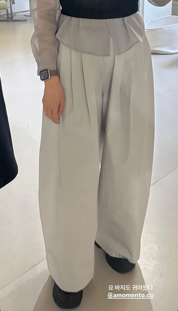 2025春新款韩国设计师三折垂感松紧腰阔腿长裤