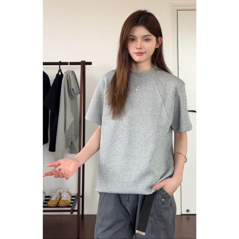 浅灰色拼接设计高级感男士短袖T恤夏季美式复古宽松休闲百搭上衣