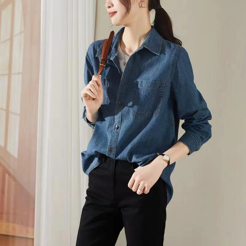 100%纯棉长袖牛仔覆古宽松2025春秋新款上衣女装秋款爆款2025新款