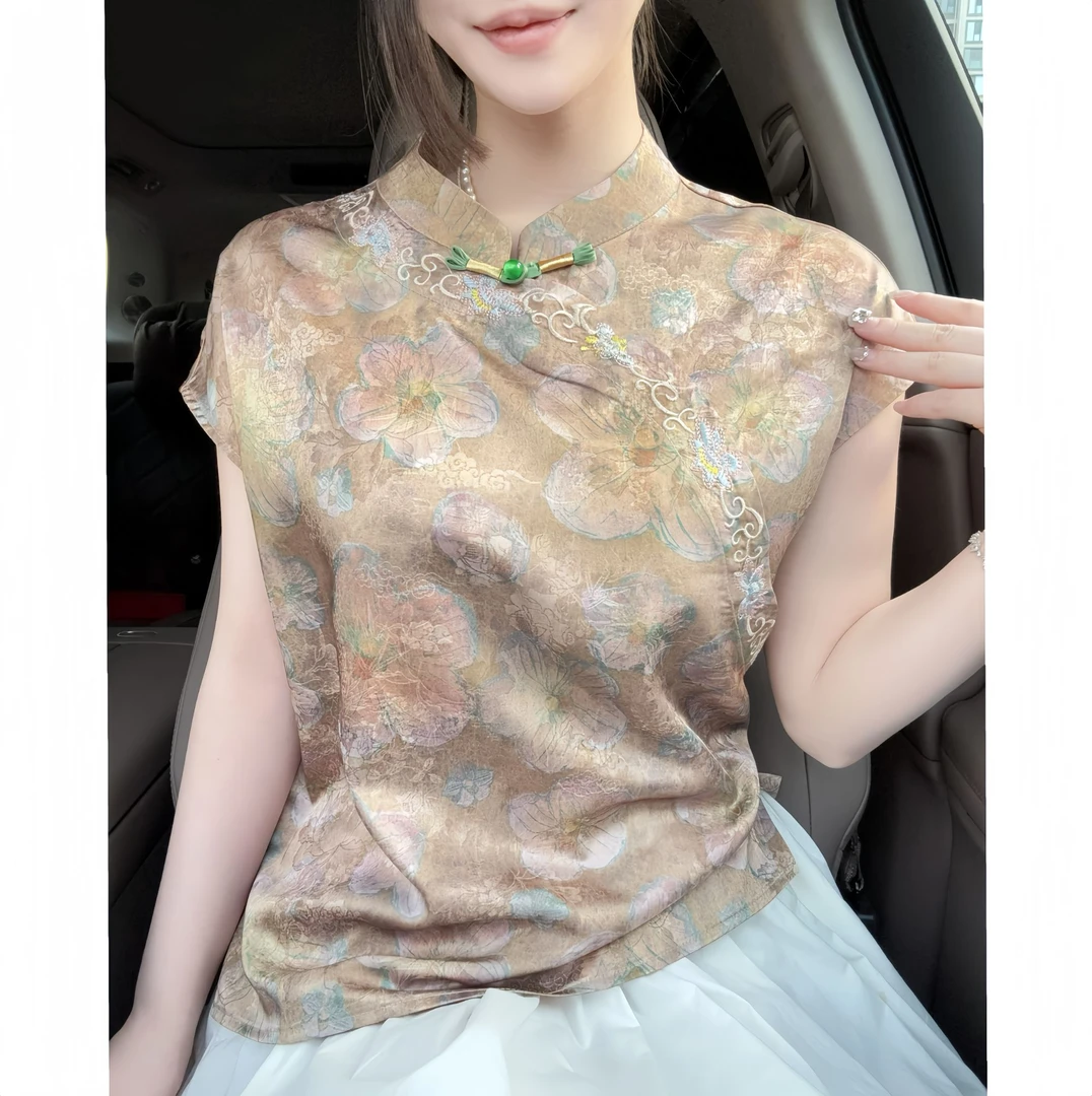 【苏止兰】短袖显瘦飞飞袖宽松型复古时尚气质T恤立领新中式