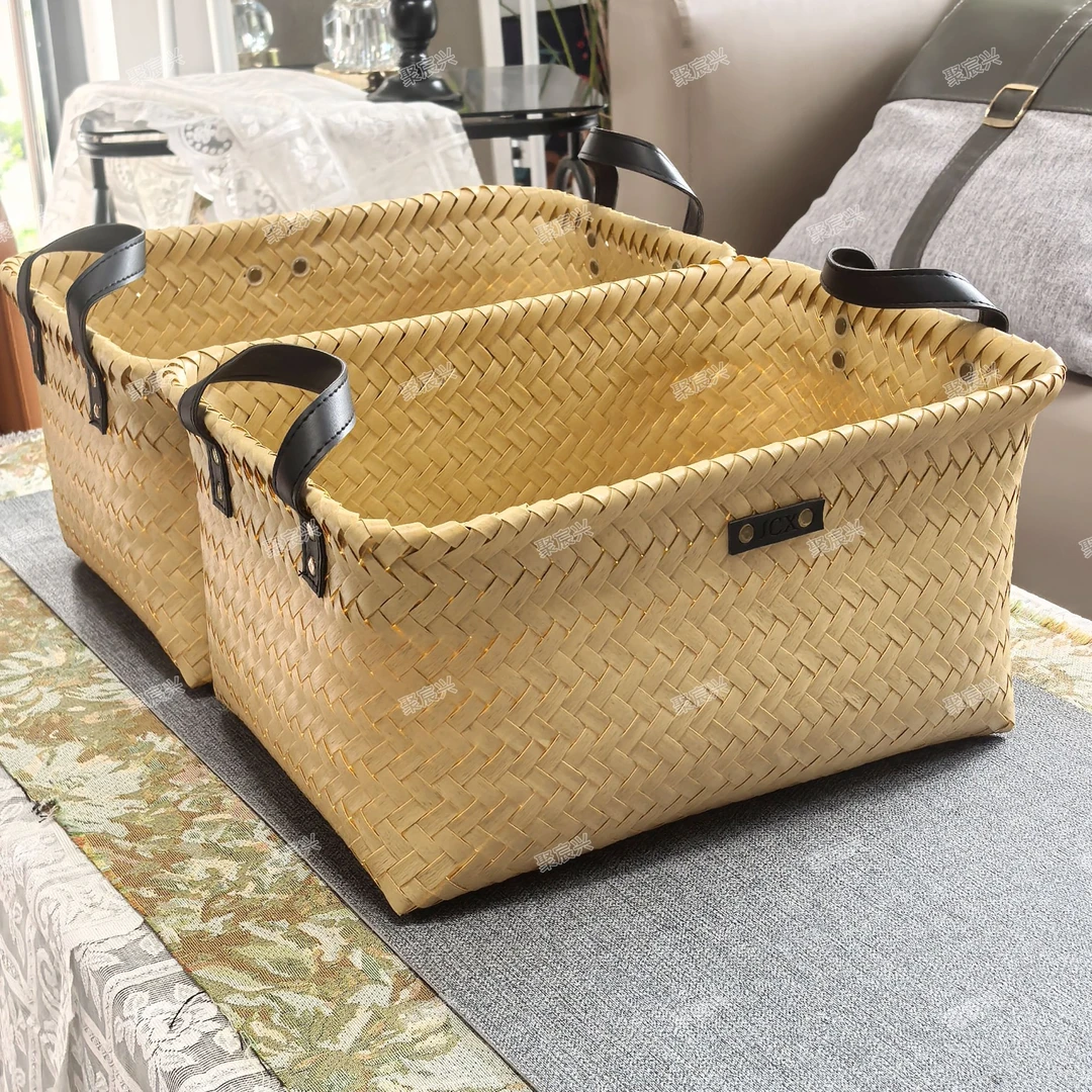 【拍一发二】新款北欧藤编收纳筐杂物脏衣服篮PU把手仿藤收纳摆件