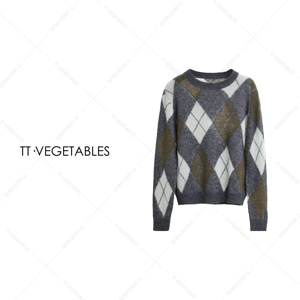 TT・VEGETABLES【序白】低雾 山羊绒针织衫撞色菱格打底衫上衣521737