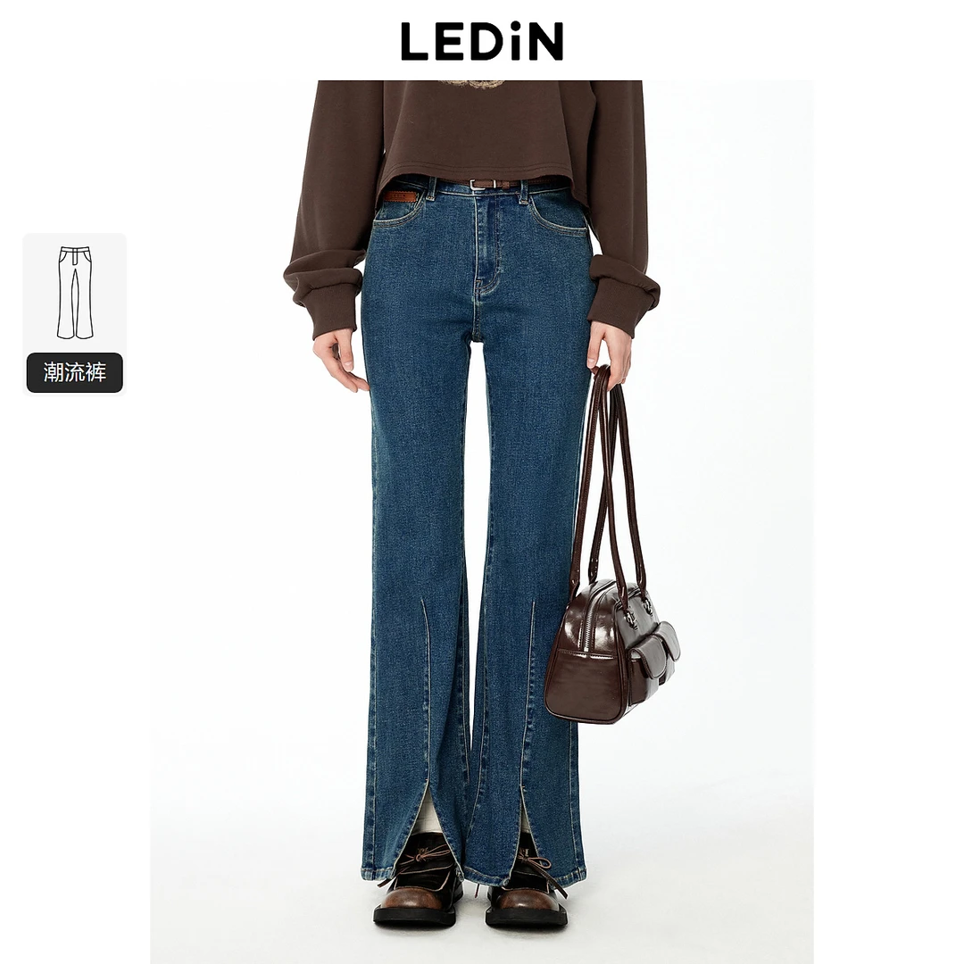 乐町复古开叉牛仔喇叭裤2478