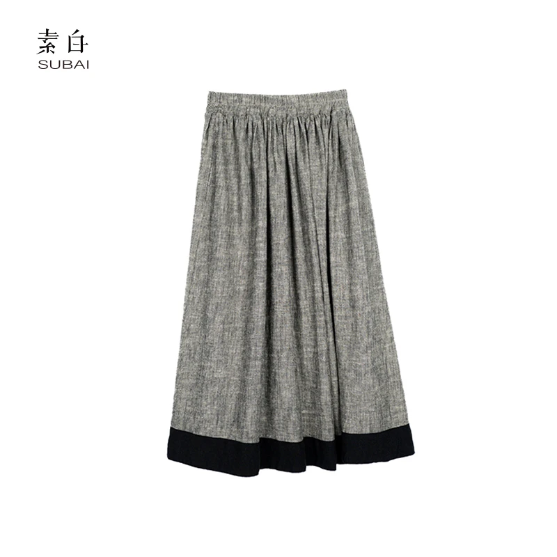 素白【墨涟】经典亚麻拼接半裙SB2501BQ01079
