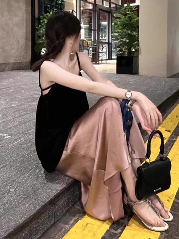 法式黑色吊带背心套装女夏天无袖吊带上衣高腰半身裙小个子两件套