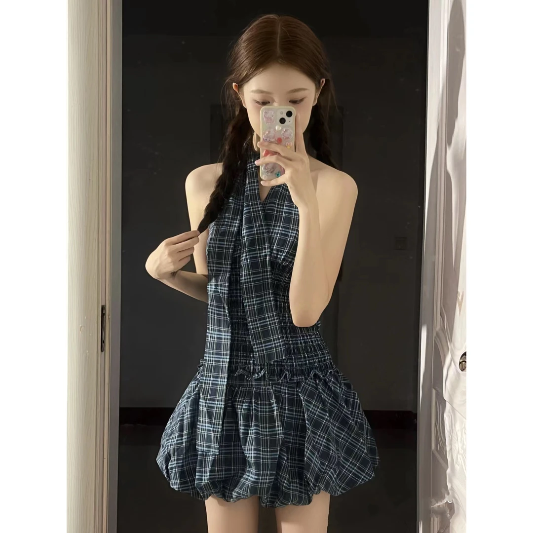 藏青色格子上衣套装女夏季网红炸街美式甜辣妹裙子两件套