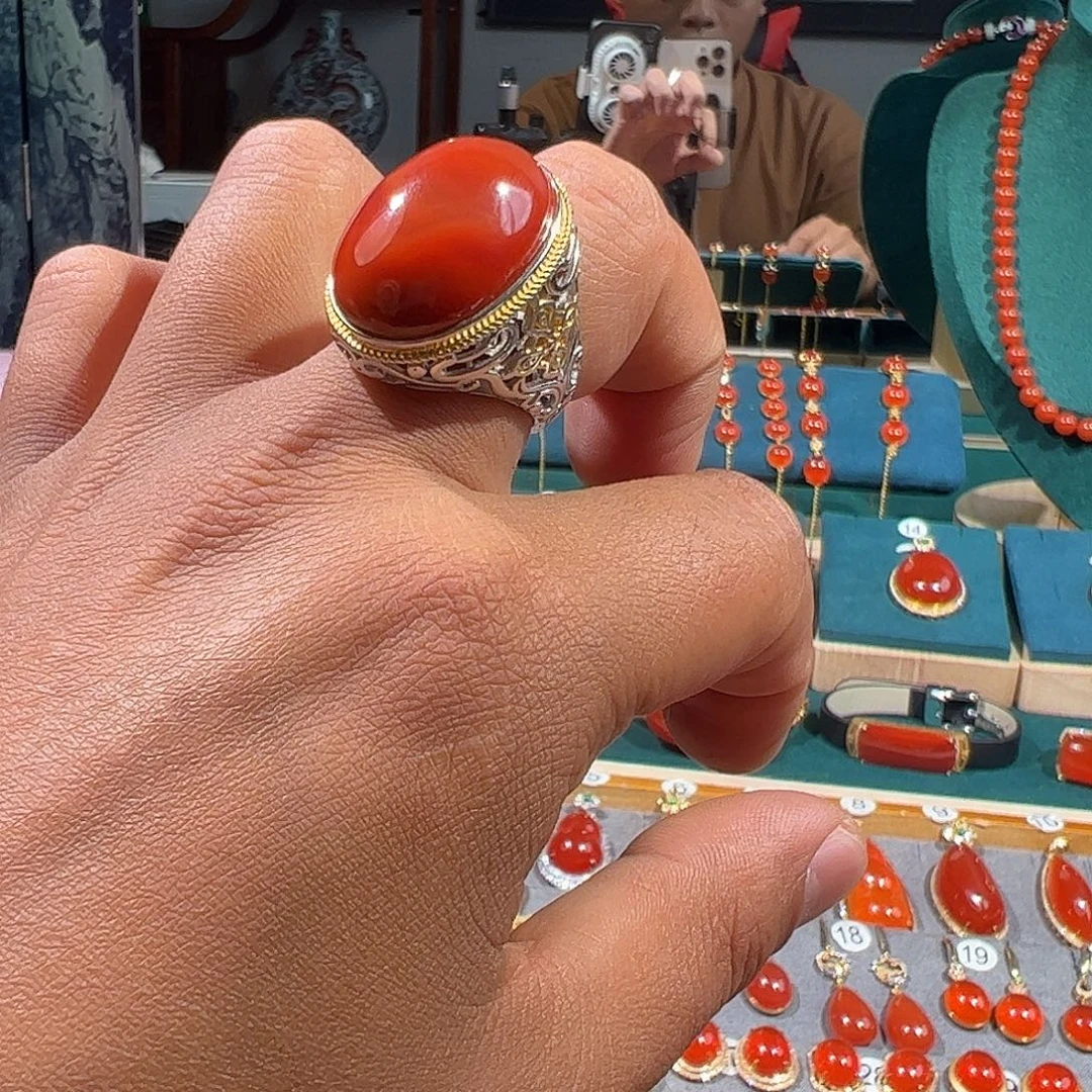 南红玛瑙银S925镶嵌戒指