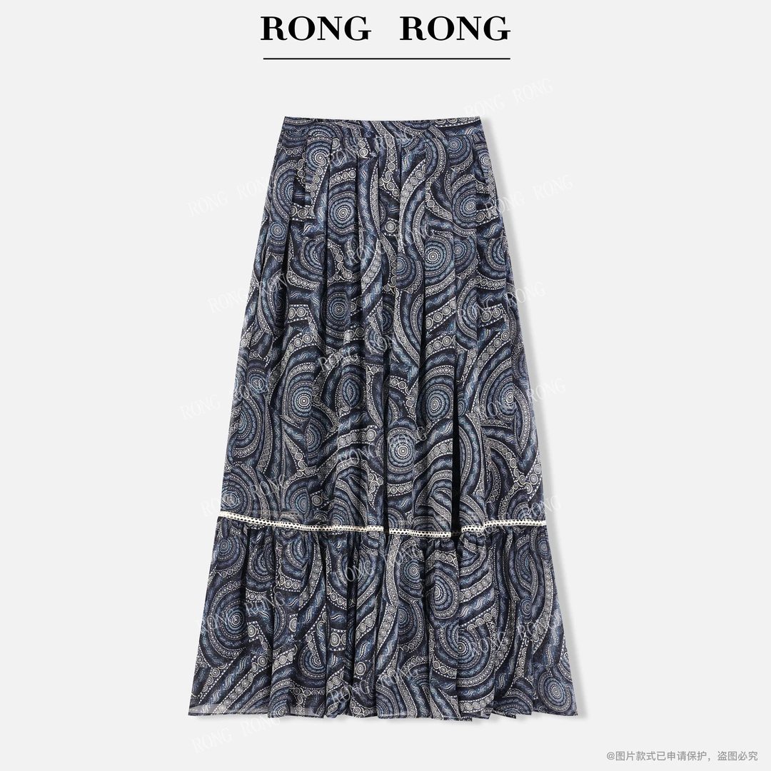 溶溶【画蓝花信】RONGRONG 度假风艺术印花薄纱大裙摆半身裙E-B0051