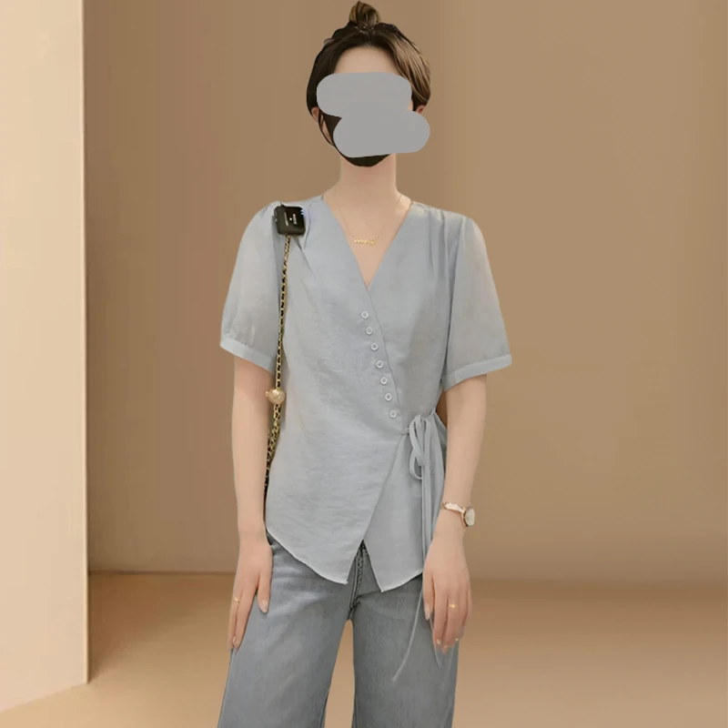 大码微胖法式短袖衬衫夏季不规则休闲纯色衬衣胖MM遮肉显瘦上衣