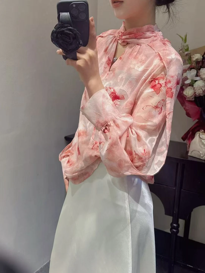 花禅意--水墨晕染领口扭结100桑蚕丝衬衫