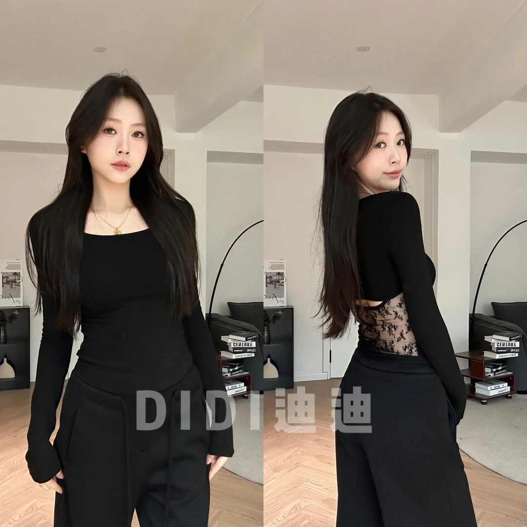 【DIDI】显瘦拼接后背加绒纯欲辣妹气质修身长袖2025秋冬打底衫T恤