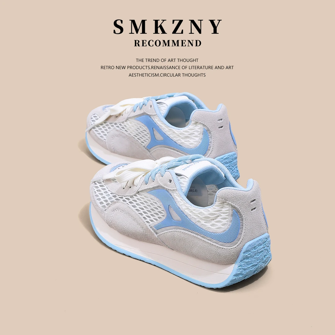 蓝色网纱阿甘德训鞋女款2025新款夏季百搭透气真皮休闲板鞋2338