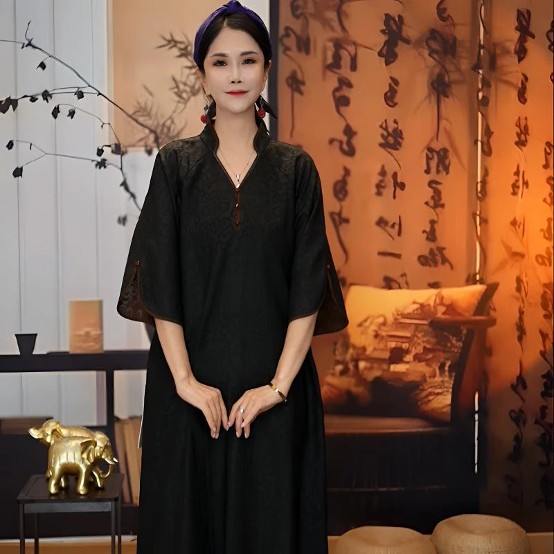 姝冉-香云纱四经绞罗桑蚕丝宽松连衣裙中