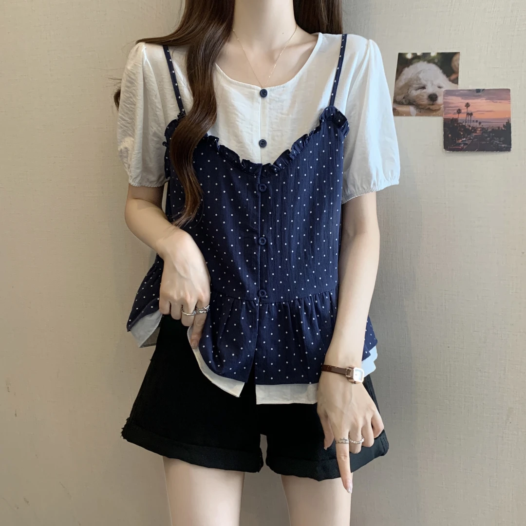 大码胖MM夏季新款荷叶边吊带波点拼接假两件减龄衬衫宽松显瘦上衣