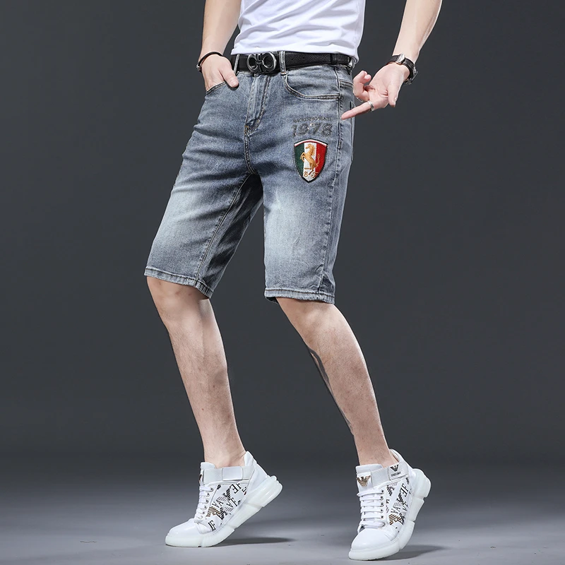 欧货男士牛仔短裤五分裤夏季薄款潮牌蓝色修身牛仔男中裤OKS8861