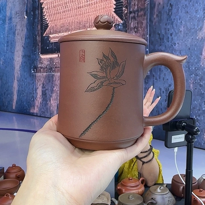 茶杯紫砂紫泥莲花刻绘盖杯