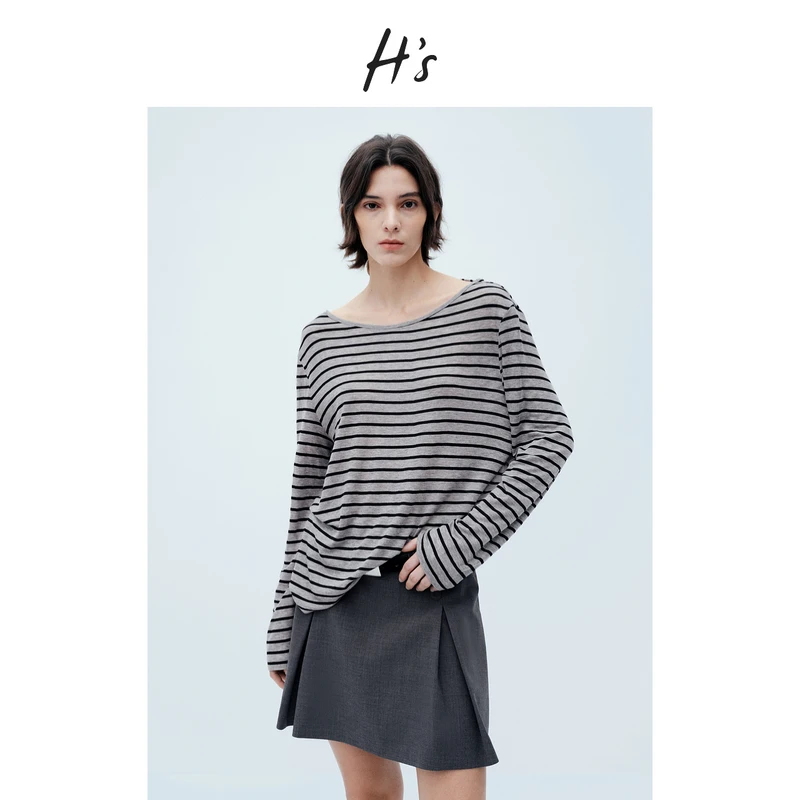 【商场同款】HS天丝羊毛T恤女25夏新款两穿条纹套头衫112504101029